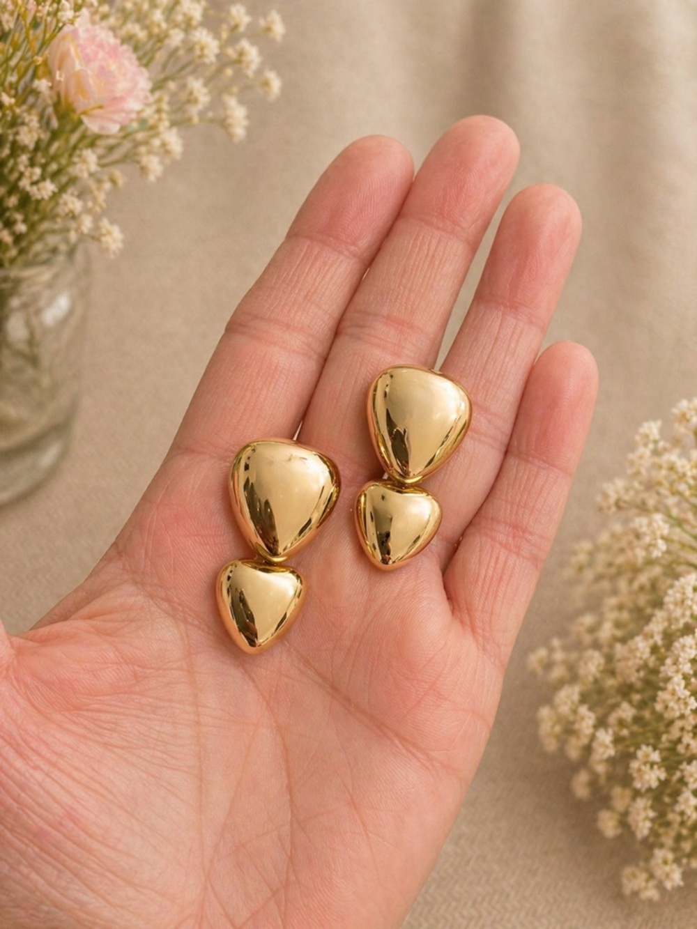 Gold Drop Earrings - 18k over copper 925 posts lightweight - Picture 2 of 3